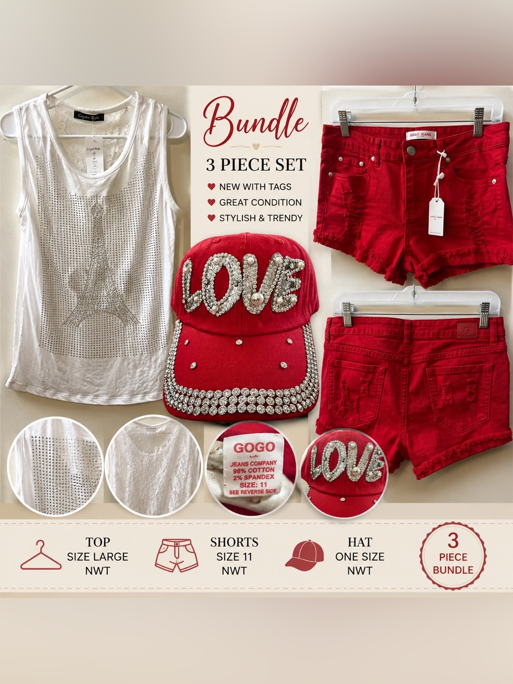 ❤️✨ NWT 3-Pc Bundle | Bling Paris Eiffel Tank • GOGO Shorts • Pearl LOVE Hat